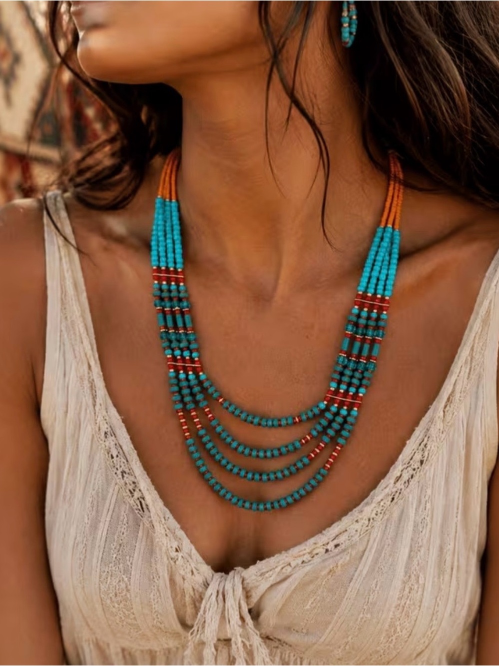 Turquoise Bohemian Multi-Strand Beaded Necklace - Women’s Jewelry